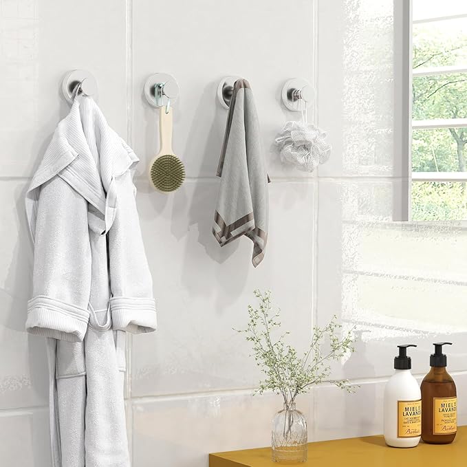 Suction Cup Hooks for Shower, Heavy Duty Towel Hooks for Walls No Damage, Modern Shower Suction Hooks for Kitchen Bathroom Wall, Glass, Mirror, Tile, Hanging Towels Robes, Chrome (4 Pack)