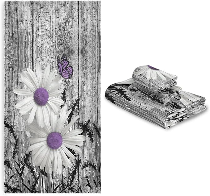 3 Piece Rustic Daisy Bath Towels Set,Microfiber Absorbent Purple Flower Butterfly Grey Barn Farmhouse Towels for Bathroom,1 Bath Towel,1 Hand Towel,1 Washcloth,Decorative Bathroom Towels