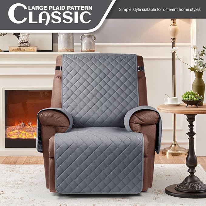 KinCam 100% Waterproof Recliner Chair Cover, Reclining Couch Covers for Pets, Dogs, Recliner Couch Slipcover Furniture Protector with Elastic Straps for Kids(25", Dark Gray)