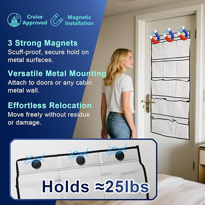 Magnetic Cruise Door Organizer – 13-Pocket Hanging Storage with 2 Large Shoe Pockets, No Hook Needed, Includes 3 Bonus Hooks, 2025 Cruise Ship Essentials for Cabin, Bathroom, or Closet Use