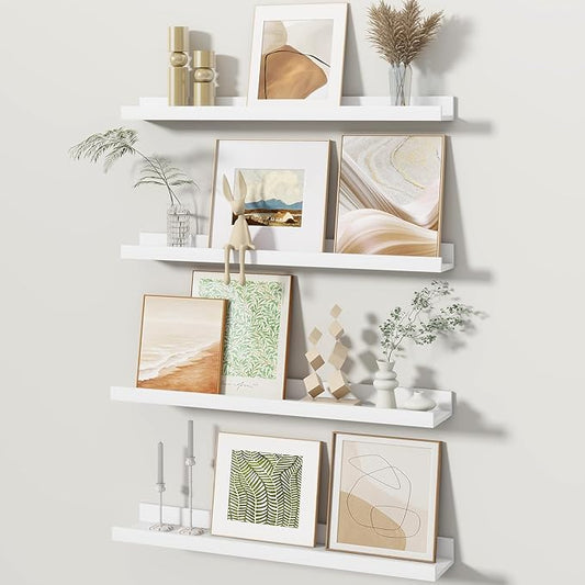 Fun Memories Picture Ledge Shelves Set of 4, 24 Inch Rustic Wall Mounted Floating Shelves with Lip for Home Storage and Décor in Bathroom, Kitchen, Nursery, Bedroom, Living Room, White