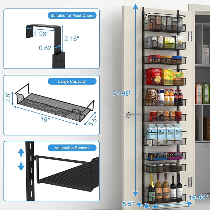 10-Tier Over the Door Organizer - Adjustable Pantry Storage Rack (Black)