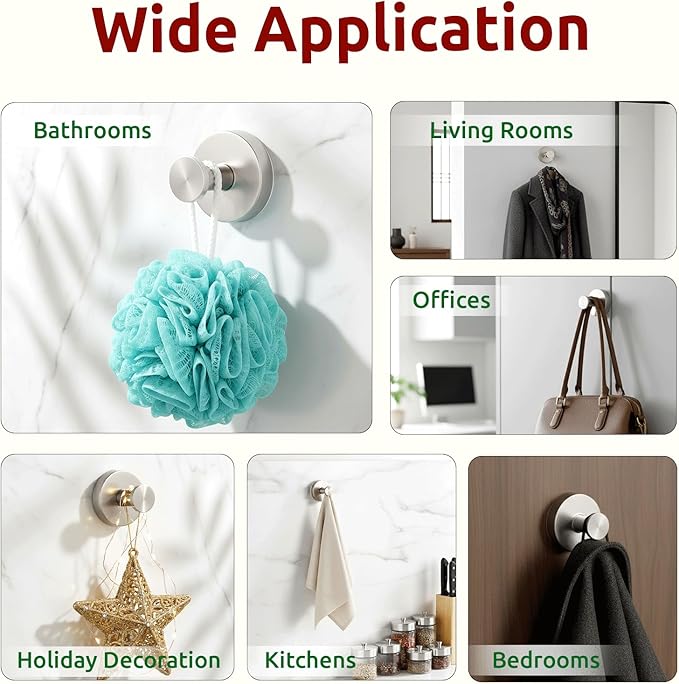 4 Packs Suction Cup Hooks for Shower, Heavy-Duty Wreath Hangers for Front Door, No Drill Glass Door Wreath Hanger Hook No Damage for Walls Bathroom Kitchen Window Mirror Tiles Towel Coat Robe Loofah