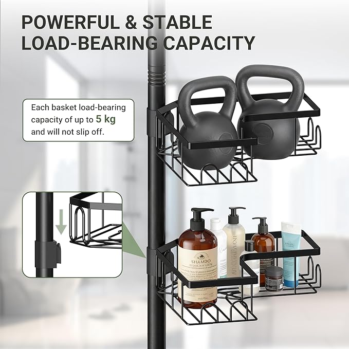Corner Shower Caddy Tension Pole, 4-Tier Stainless Steel Rustproof Bathroom Shower Organizer，47-114Inch Height Adjustable Shower Shelves, No-Drill Required Black