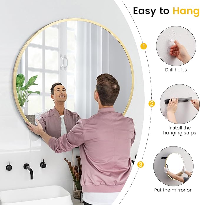 24 in Round Mirror for Wall, Gold Metal Frame Circle Mirror, Round Bathroom Mirror for Wall Decor, Mirror for Entryway, Vanity, Bedroom, Easy to Install