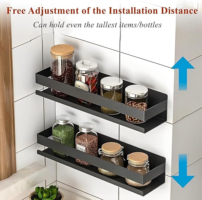 Floating Stainless Steel Shelves with Baking Paint Technique Rust Protection, Nail-Free Wall Mounted Spice Rack for Kitchen,Storage Organizer Shelves,Set of 1 Black
