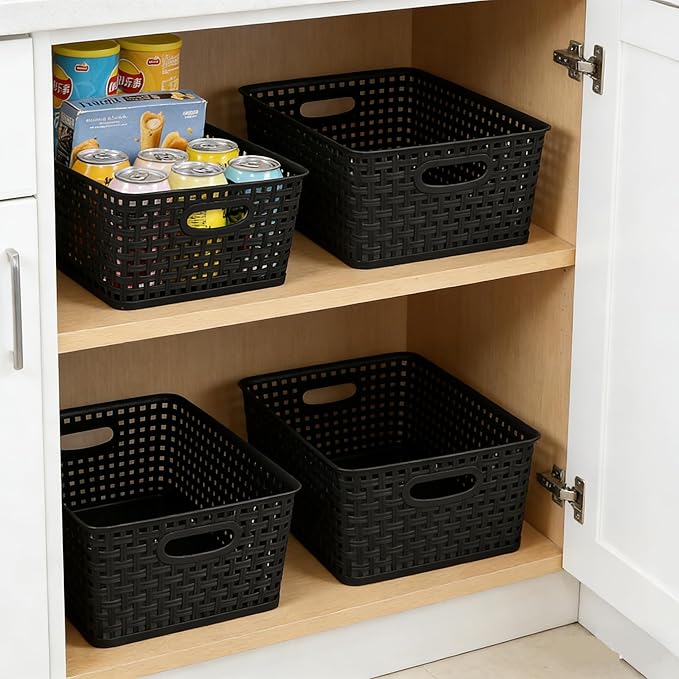 Plastic Storage Baskets, 4 Pack, Gray, Durable, Easy to Use, 11.49" x 8.89" x 4.52", Multi-Purpose, Ideal for Closets, Cabinets, Shelves, Countertops