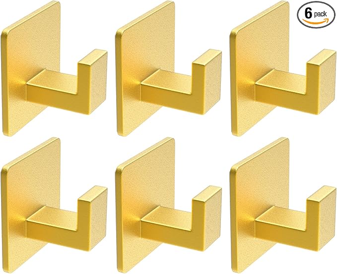 VAEHOLD 6PACK Adhesive Towel Hooks, Heavy Duty Wall Hooks Aluminum Black Hooks for Hanging Coat, Hat, Towel, Robe, Clothes, Shower Hook for Door, Office, Kitchen, Bathroom (Gold)