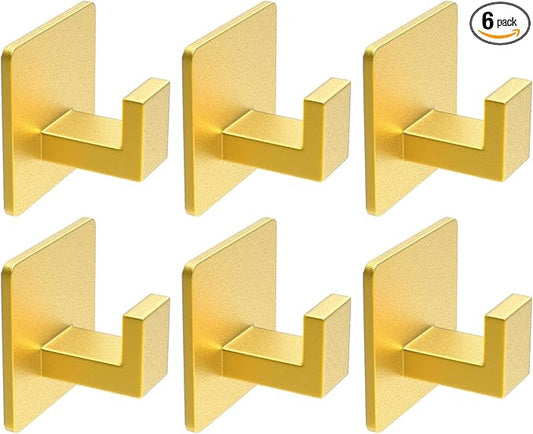 VAEHOLD 6PACK Adhesive Towel Hooks, Heavy Duty Wall Hooks Aluminum Black Hooks for Hanging Coat, Hat, Towel, Robe, Clothes, Shower Hook for Door, Office, Kitchen, Bathroom (Gold)