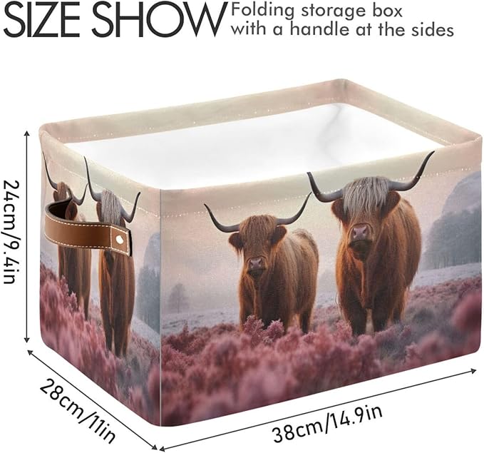 Storage Basket Two Highland Cows Storage Bin Cube with Handles Foldable Storage Baskets for Shelves Living Room Home Decor 1PC