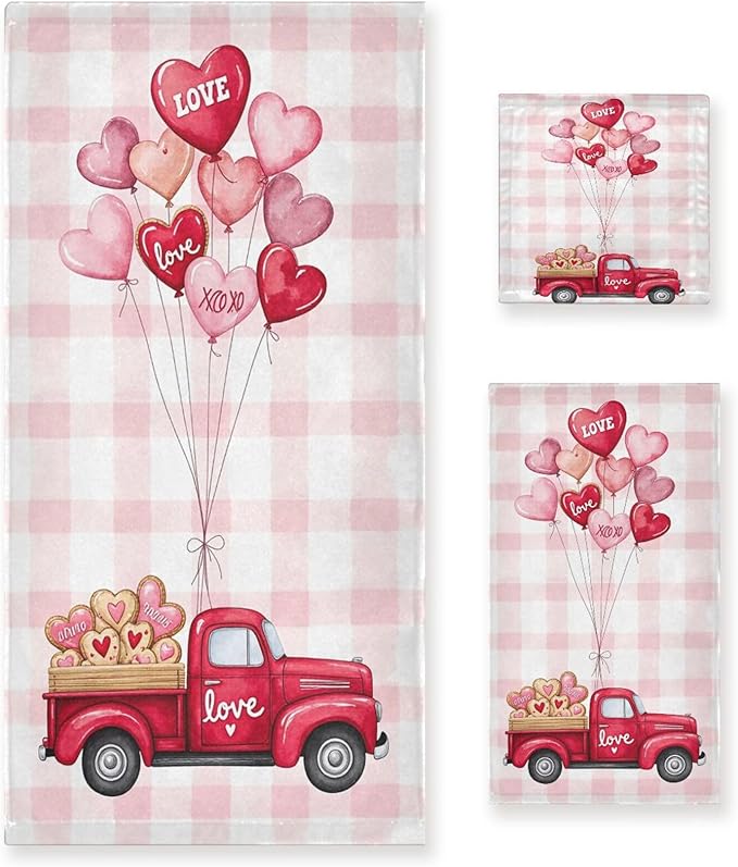Pink Heart Truck Plaid Towels Set of 3 Romantic Love Car with Ballon Spring Bathroom Towel Soft Absorbent Bath Hand Towels Washcloth Guest Towel Sets Mother's ValentineDecorations