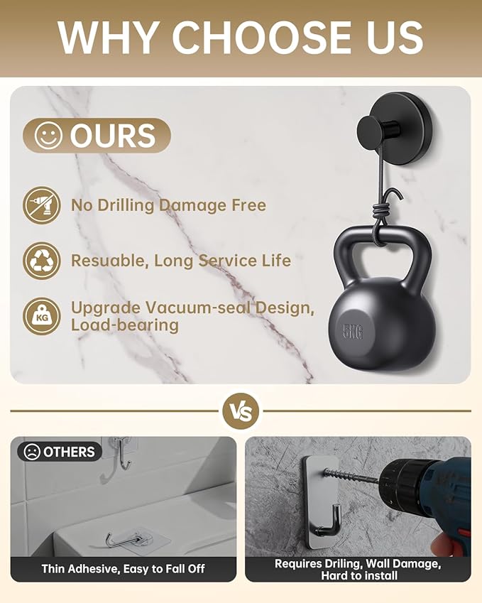 Suction Cup Hooks for Shower, Suction Cup Hooks for Door Wreaths, Robe Towel Hooks Heavy Duty for Bathroom Hanging, Windows, Kitchen, Glass, Mirror, No Drilling, 6 Pack (Black)