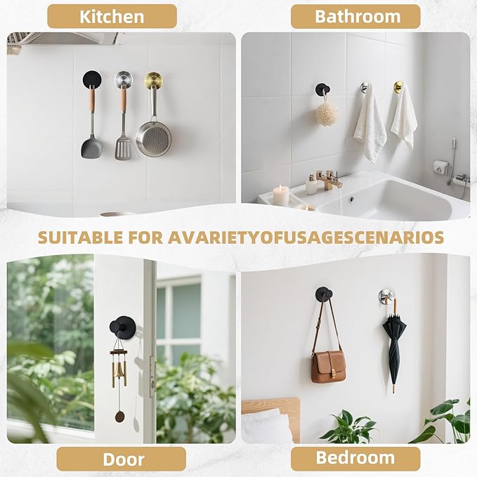 Suction Cup Hooks for Shower Heavy Duty Wreath Hangers for Front Door Waterproof Shower Hooks for Inside, No Drill Adhesive Towel Hooks for Bathroom, Kitchen, Glass Doors, Windows(2, Matte Black)