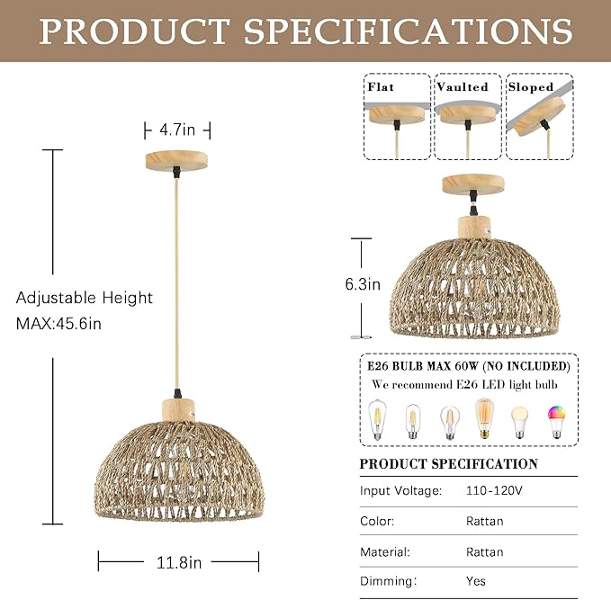 Hand-Woven Pendant Light, 11.8" Dome Rattan Pendant Lighting Fixture Wicker Ceiling Farmhouse Basket Hanging Lamp Boho Coast Chandelier for Kitchen Island Dining Room Sink Hallway Entrance