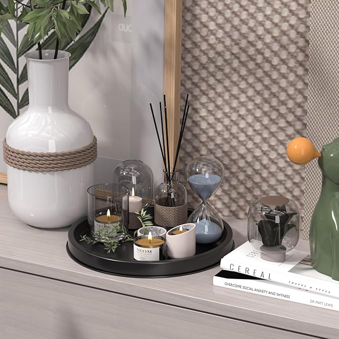 HGF Decorative Tray for Coffee Table, 12 Inch Lightweight Metal Round Serving Trays for Kitchen Counter Organizer Dining Table Centerpiece for Display Candle Vase, Black Round Tray for Bathroom Decor
