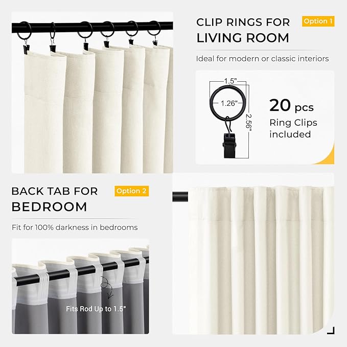 INOVADAY 100% Blackout Curtains for Bedroom, Black Out Curtains 102 Inch Long, Clip Rings Linen Blackout Drapes, Thermal Insulated Room Darkening for Living Room, 2 Panels - Lightcream,W50xL102
