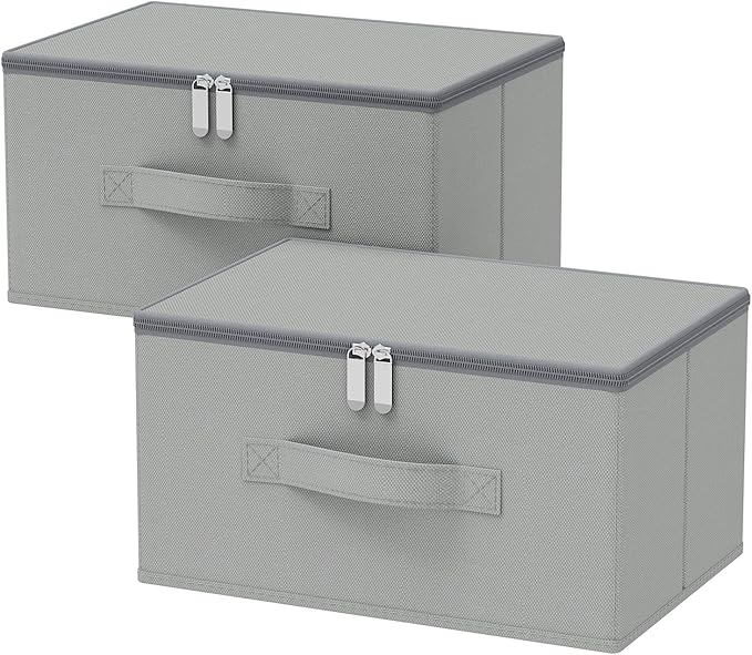 Storage Bins with Lid, Cube Organizer Basket, Closet Boxes with Carrying Handles and Sturdy PP Support Plate, 2 Pack, Grey, 11.8 x 7.9 x 6.3 In, XSNY16GS-2