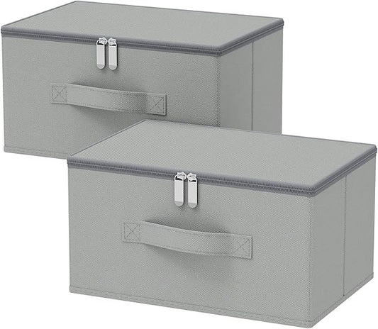 Storage Bins with Lid, Cube Organizer Basket, Closet Boxes with Carrying Handles and Sturdy PP Support Plate, 2 Pack, Grey, 11.8 x 7.9 x 6.3 In, XSNY16GS-2
