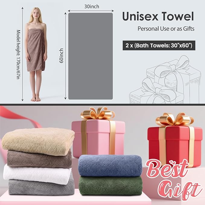 Microfiber Bath Towels, Oversized, Ultra Soft, Super Absorbent and Fast Drying, No Fading Large Bathroom Towel Set for Sport, Travel, Fitness (Coral Fleece - Chocolate, 30 in x 60 in)