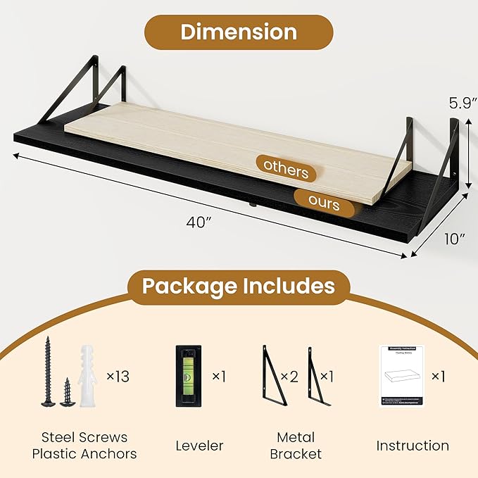 Floating Shelves for Wall,40" Wall Mounted Shelves Set of 2,Long Wood Floating Shelves,Hanging Wide Display & Storage Shelf with Metal Brackets for Bathroom,Bedroom,Kitchen,Living Room,Black