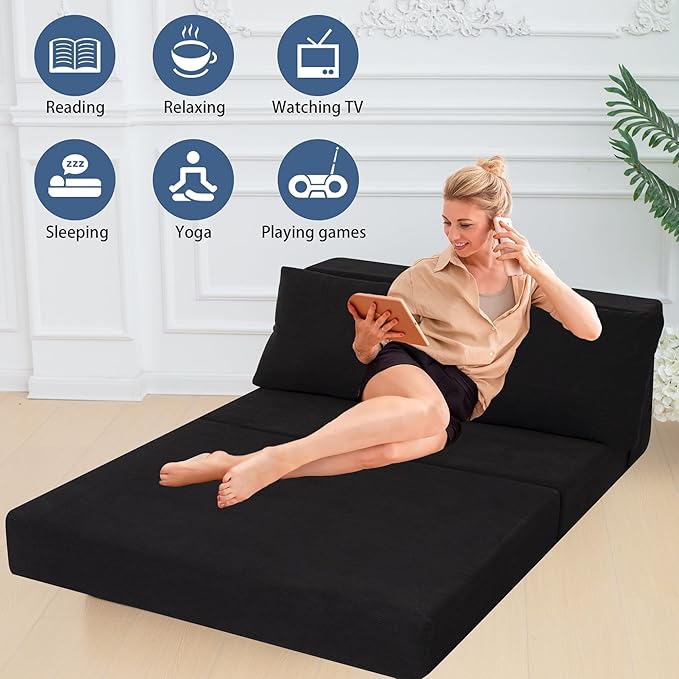 Sofa Bed Foldable Mattress ，Folding Sleeper Sofa Chair Bed Floor Mattress with Pillow for Living Room Home Office (Black-Corduroy, Twin)