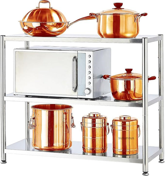 susunnus 3-Tier Stainless Steel Shelf, Heavy Duty Shelving for Kitchen, Garage, Industrial Storage, Kitchen Shelves Adjustable Feet, Easy to Clean(35.8in*15.8without Guardrails)