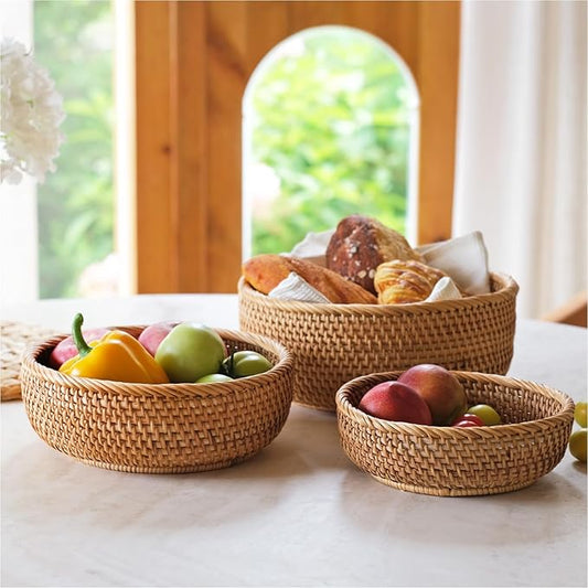 Rattan Bread Baskets for Serving - Woven Round Wicker 3 PK