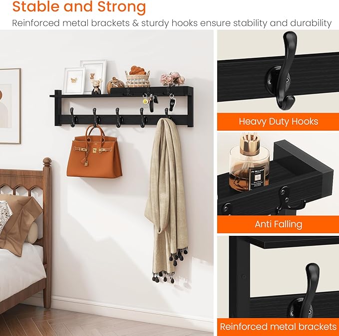 Homode Coat Rack with Shelf, 29 Inch Long Wooden Coat Hanger Wall Mount with Key Rack and Mail Holder, Entryway Wall Hooks with Shelf for Bathroom Living Room Bedroom Hallway Kitchen, Black