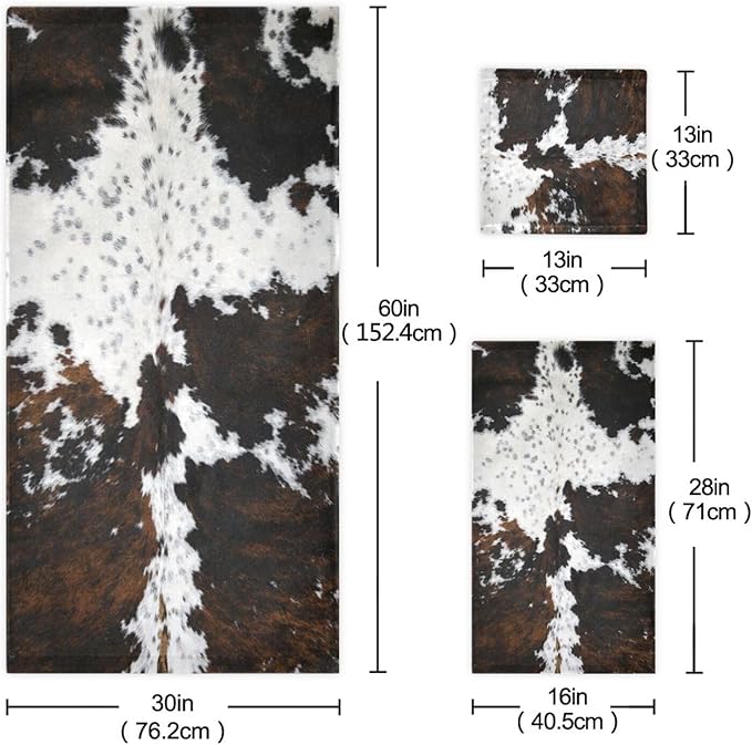 3 Piece Cow Fur Bath Towel Set,Microfiber Decorative White Black Brown Cow Print Country Farmhouse Cowhide Bathroom Towels,1 Bath Towel 1 Hand Towel for Bathroom Kitchen,1 Washcloth for Face