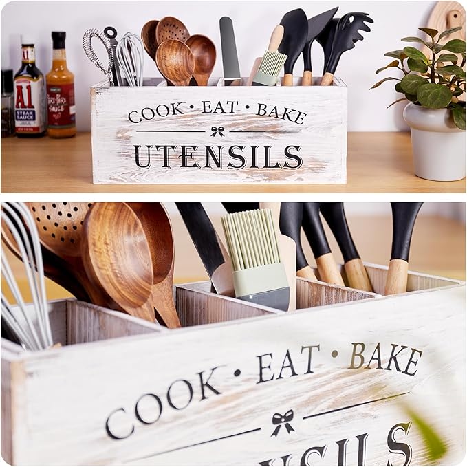 Utensil holder for Kitchen Counter Large Round Utensils Holder with Wooden Base Matte Black Cooking Utensil Holder，Kitchen countertop Utensil Organize (White-4 Compartments)