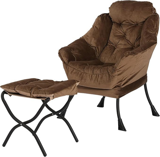 Kokel Lazy Chair with Folding Ottoman,Living Room Chairs, Accent Contemporary Lounge Chair, Single Steel Frame Leisure Sofa Chair with Armrests and A Side Pocket (Brown)