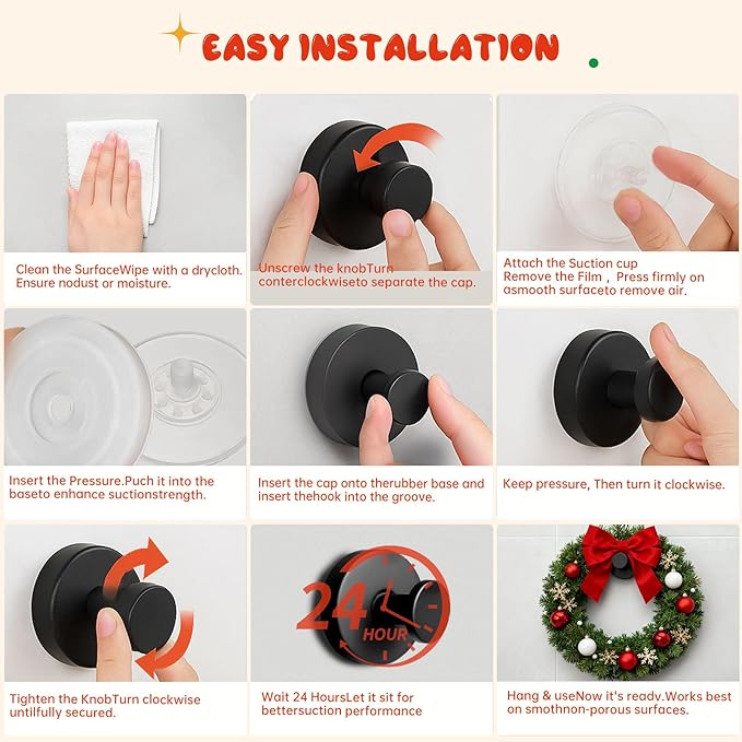 4Pcs Suction Cup Hooks, Suction Cup Hooks for Shower,Removable Towel Hooks for Bathroom Window Glass Door Wall, Bath Robe Looafh Wreath Hook for Hanging (Black)