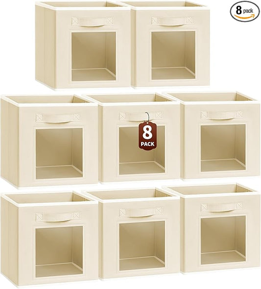 Foldable Storage Cubes - Cubby Storage Organizer with Window, Decorative Baskets for Organizing, Fabric Bins for Clothes Storage, Closet Storage Cubes-11inch, Set of 8, Beige
