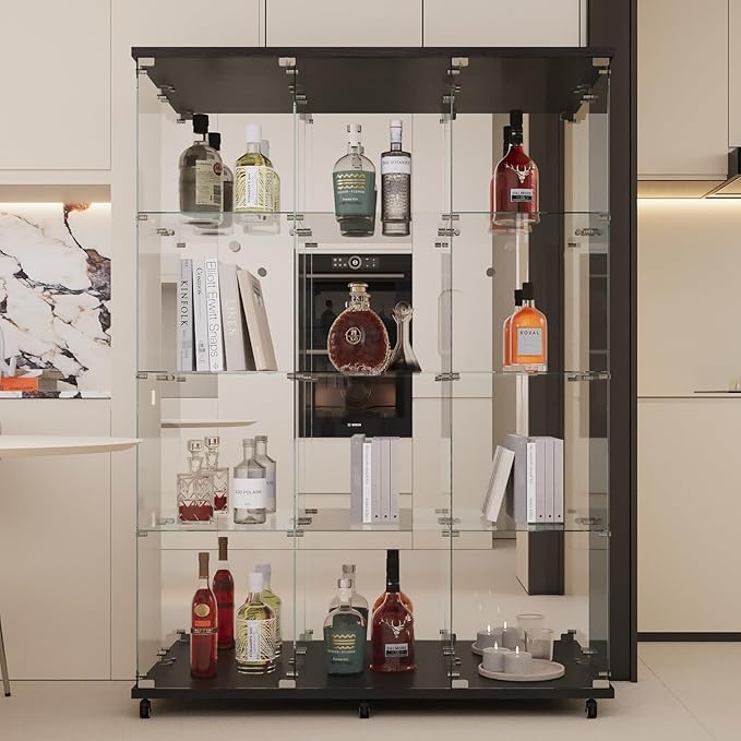 LFT HUIMEI2Y Glass Display Cabinet 12 Shelves with 3 Columns 2 Doors, Mirror Back Panel and Lock, Curio Cabinets Quick-Install Style Tempered Glass Bookshelf for Living Room, Kitchen Black