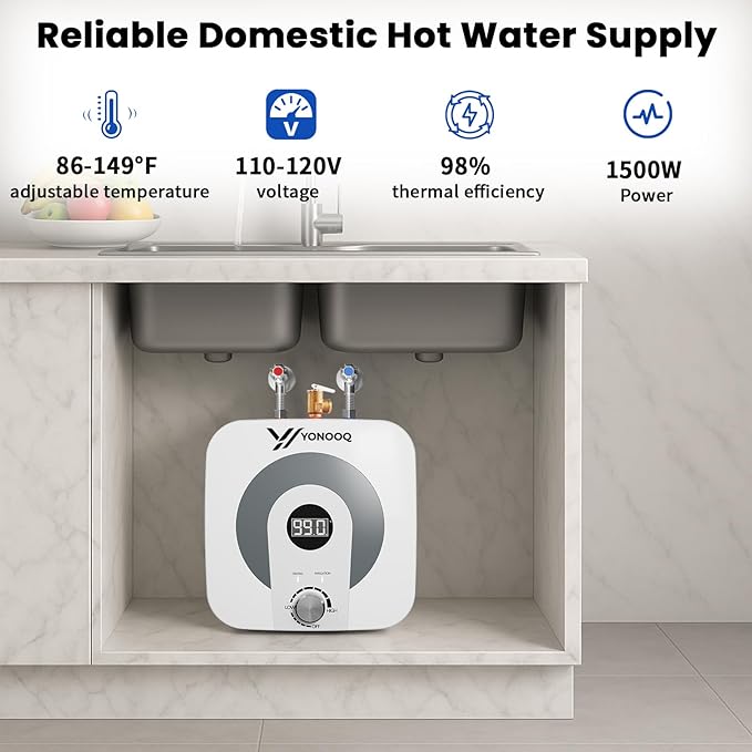 4 Gallon Mini Tank Electric Water Heater, 1500W 110V, Under Sink Water Heater with Digital Display & Pressure Relief Valve, Hot water heater for Kitchen Bathroom RV Camper, 1/2 NPT Inlet/Outlet Port