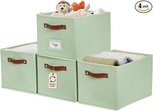 DECOMOMO Storage Baskets for Shelves - Large 15"x11"x10" Foldable Fabric Storage Bins, Baskets for Organizing with Labels (Green, 4pcs)