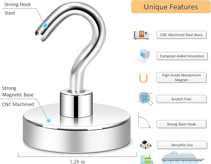 Neosmuk Magnetic Hooks for Cruise Cabins, Heavy Duty 130lb Strong Magnet Hook, Cruise Ship Essentials for Hanging, Metal Wall Refrigerator Hangers (Silver White, 4 Pack)