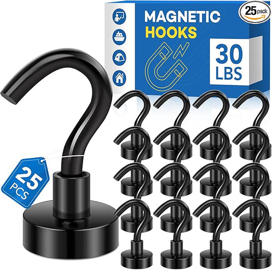 LOVIMAG Magnetic Hooks,30Lbs Strong Neodymium Magnetic Hooks Cruise Essentials,Black Magnet Hooks for Classroom Must Haves,Office Accessories,Garage Door,Fridge,Kitchen,Hanging,Grill-25 Pack