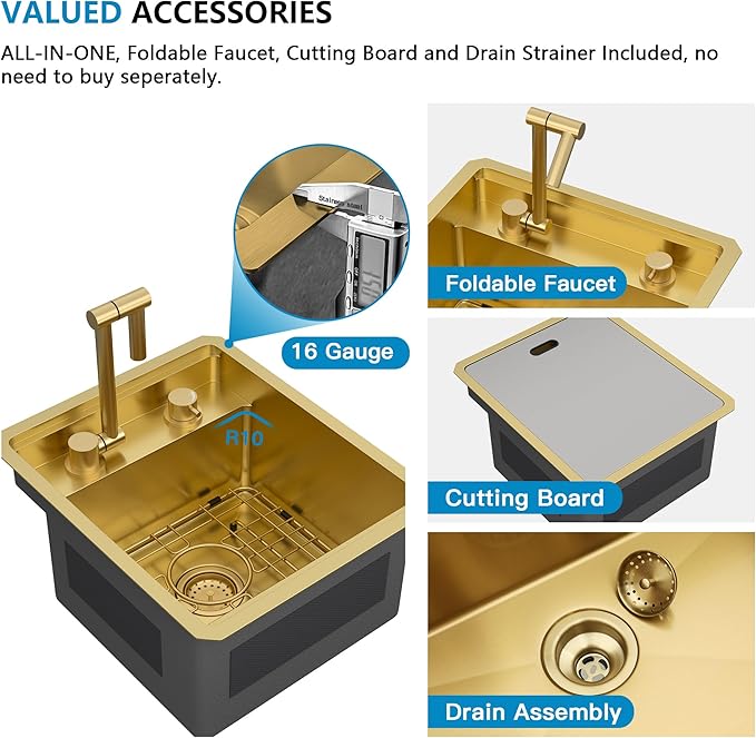 15"x17" Small RV Kitchen Sink – 16 Gauge 304 Stainless Steel Brushed Gold NANO-PVD Undermount Single Bowl Sink with Foldable Faucet, for RV, Camper, Mobile Home, Wet Bar