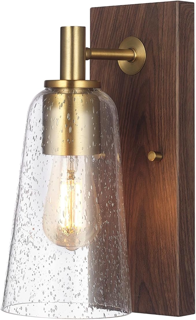 GLOBE Electric 65000051 1-Light Wall Sconce, Dark Wood Toned, Matte Brass Accents, Seeded Glass Shade, E26 Base Socket, Lights for Living Room, House Décor, Interior Lighting, Home Improvement