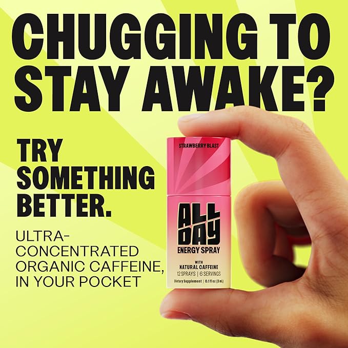 ALLDAY Focus + Energy Spray — Natural Caffeine + L-Theanine + Essential Vitamins — 0 Calorie, 0 Sugar — 12 Spray Bottle — Faster, Cleaner, Smoother Energy (8 Pack Strawberry)