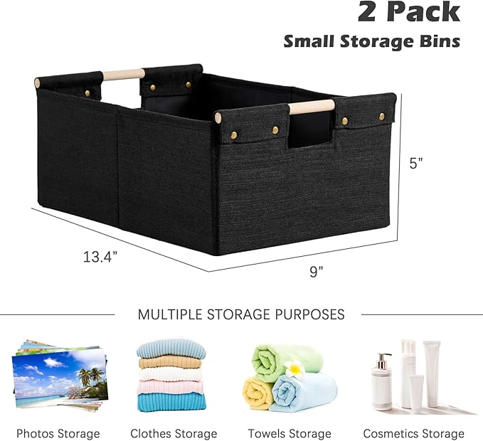2PCS Storage Bins Cotton Linen Fabric Storage Boxes Basket with Wooden Handles Foldable Washable Decorative Shelf Container Closet Clothes Organizer Home Laundry (Small Size, Black)