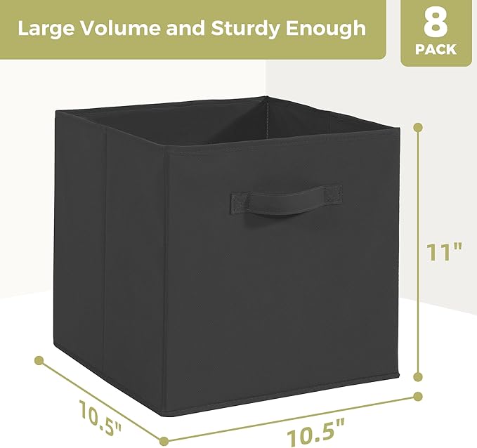 Storage Cubes, 11 Inch Cube Storage Bins, Set of 8, Fabric Foldable Storage Bins With Handles, Closet Storage Organizer Bins, Cubby Clothing Storage Baskets for Shelves, Black