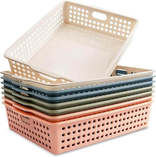 8 Pack Paper Organizer Baskets Trays, 14 Inch Colorful Plastic Storage Baskets Stackable Organizer Bins with Handles, for Pencil, Arts, Crafts, Shelf Classroom Book Library Office
