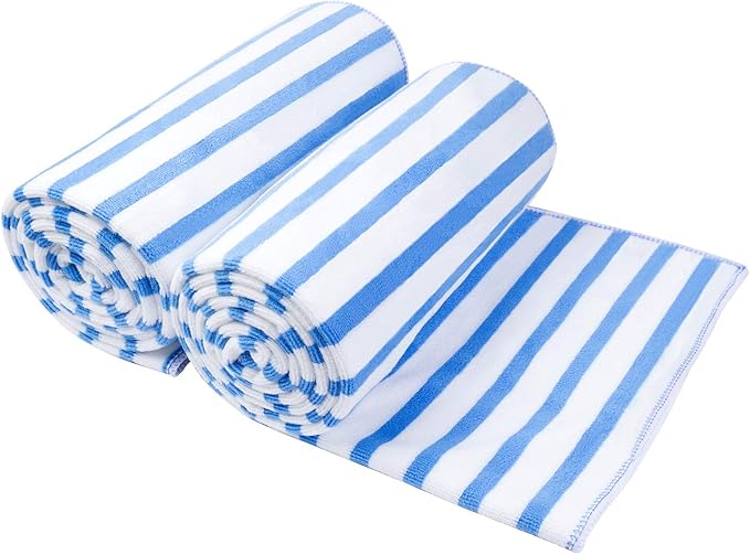 Microfiber Beach Towels Cabana Stripe, 2 Pack, 30" x 60", Quick Drying Bath Towel Set for Adult, Absorbent, Use for Travel, Sport, Swimming, Pool, Yoga, Camping, Micro Fiber StripeBlue
