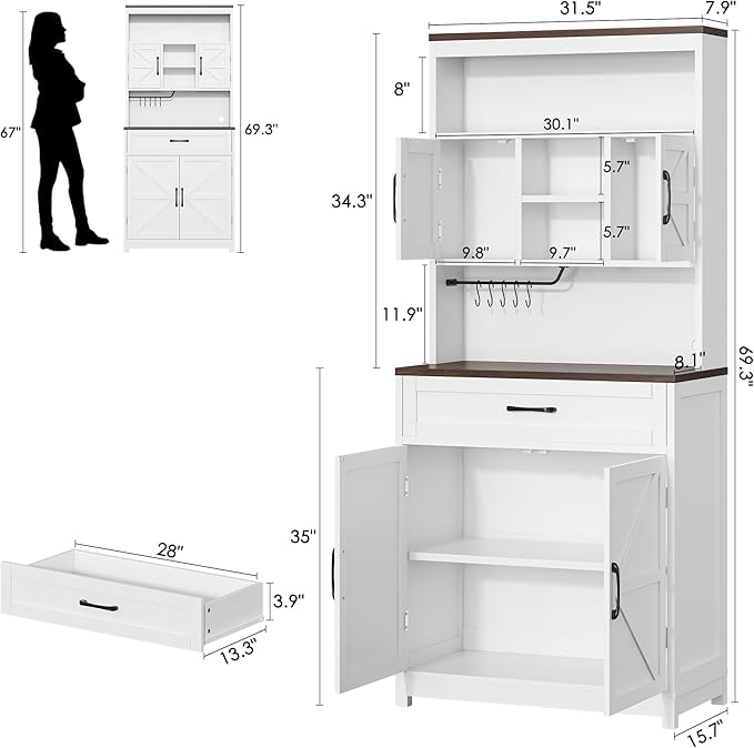 69.3" Tall Kitchen Pantry Cabinet with Door, Drawer and Storage Shelves, Large Storage Cabinet, Buffet Cupboard, Kitchen Hutch with Wide Countertop and Charge Holes for Home Office Use, White