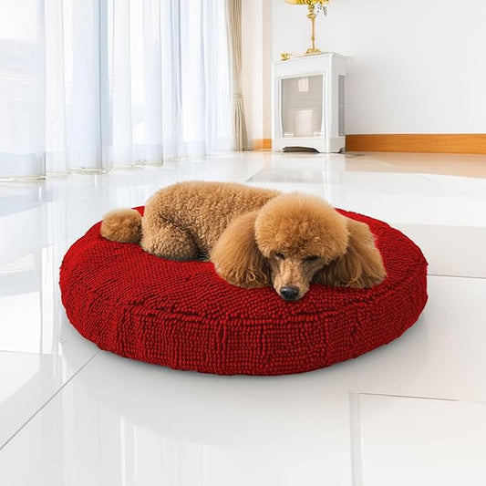 Muddy Mat® Cloud K-9 Bed for Dogs & Cats, Soft & Relaxing Donut Dog Bed, Chenille Material, Removable Cover, Washable & Dryer Safe–Red Small(25'x25')