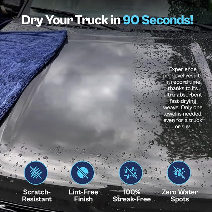 Captain's Car Care "The Kraken Drying Towel #1 Best and Largest Towel for Truck Detailing Streak Free, Massive 30x40 Inch Size, 1300 GSM Ultra Soft, Large Twisted-Loop Microfiber 70/30 Blend