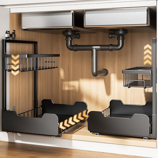 Under Sink Organizer, 2-Tier Thickened All-Metal L-Shaped Pull Out Cabinet Organizer Shelf, Height Adjustable Slide Out Storage Drawer for Kitchen, Bathroom, Laundry, Black, 2-Pack