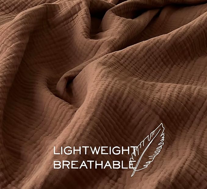 KyraHome 100% Organic Cotton Throw Blankets for Couch, 50" x60“, Pre-Washed Breathable Lightweight Gauze Muslin Blankets for Adults, Kid, All-Season, Brown